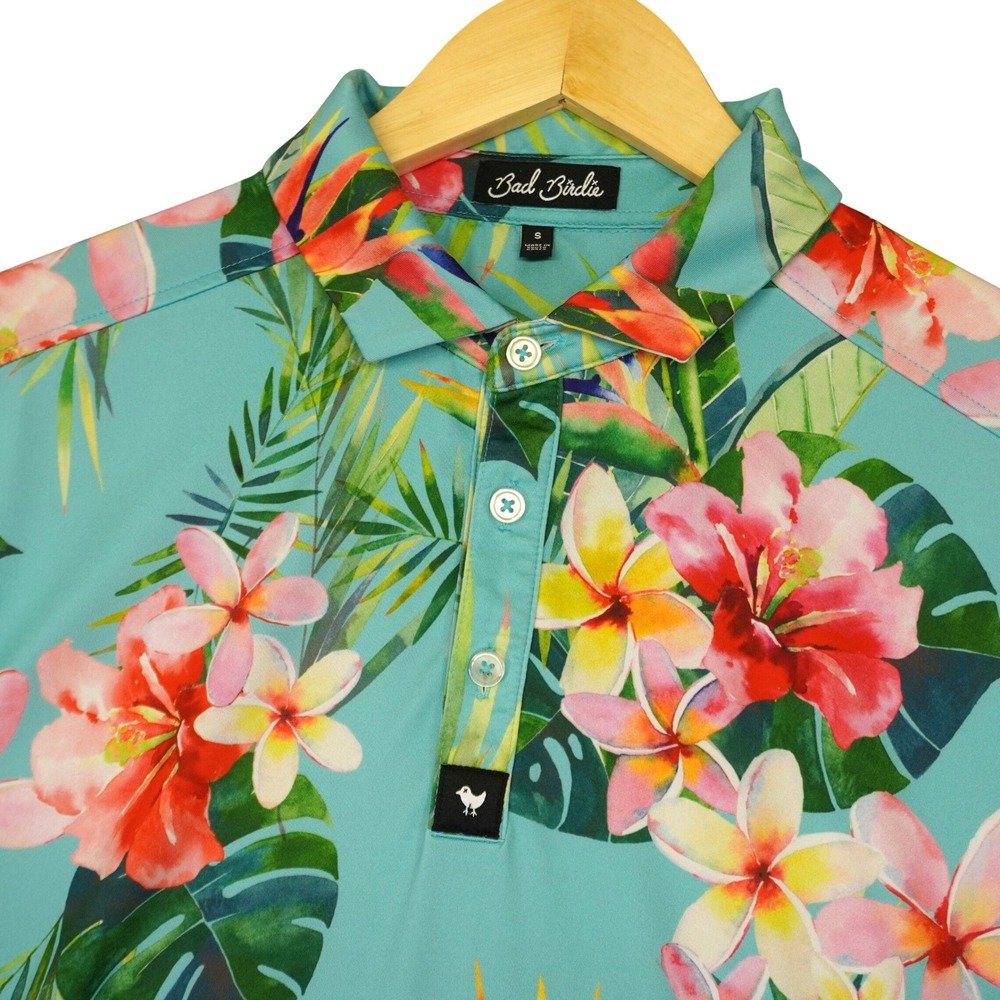 Bad Birdie Polo Shirt Mens Small Floral Birds of‎ Paradise Performance Stretch